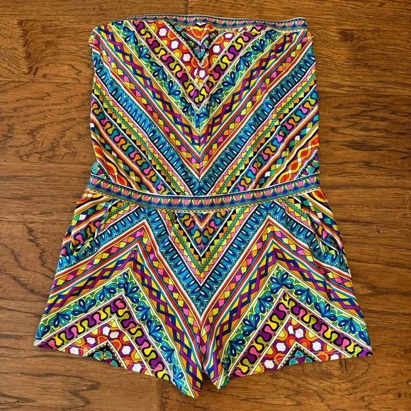 Trina Turk Peruvian Stripe Swimsuit Romper Cover Up Multicolor Halter Top Size M - Picture 11 of 14